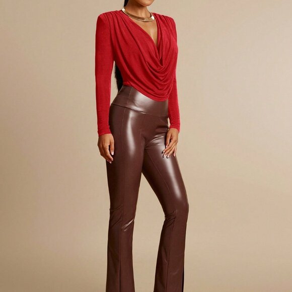 Red Casual Women's Plunging Neckline Shoulder Pad Long Sleeve Ruched Bodysuit - Picture 7 of 7